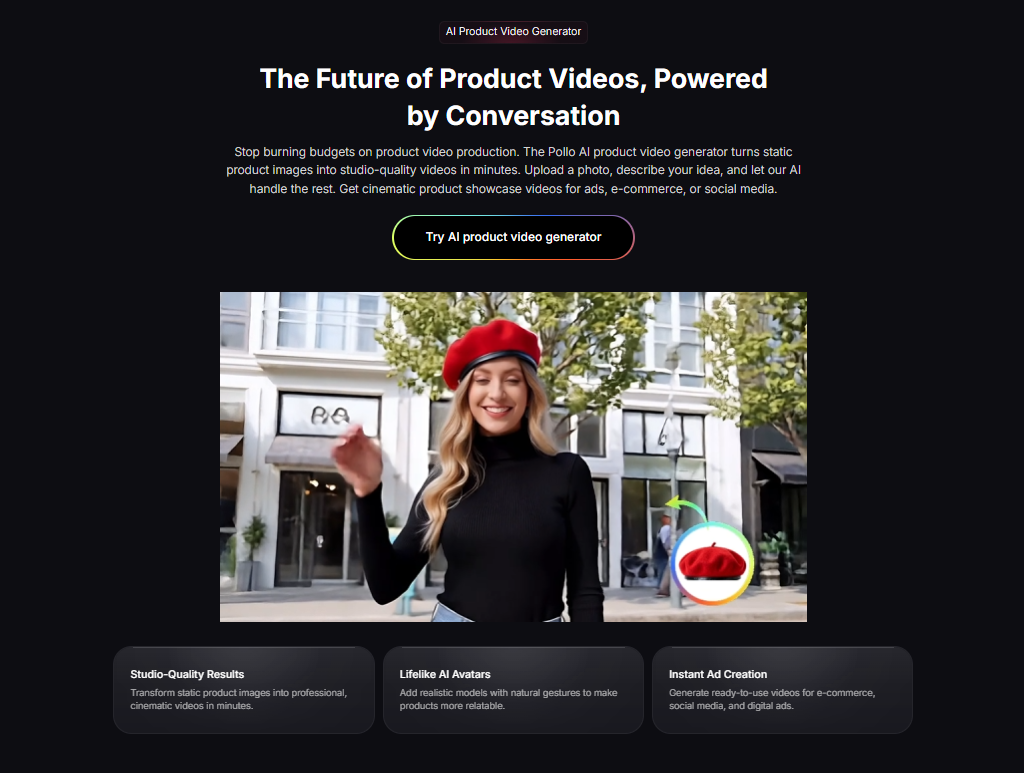 Pollo AI product video example showing a studio-quality AI-generated ad.