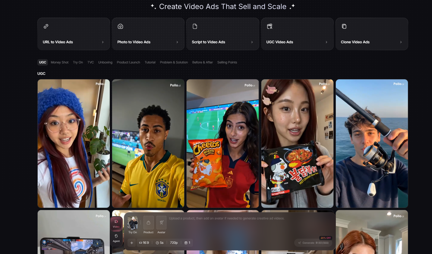 Pollo AI UGC video ad templates and creator-style outputs.