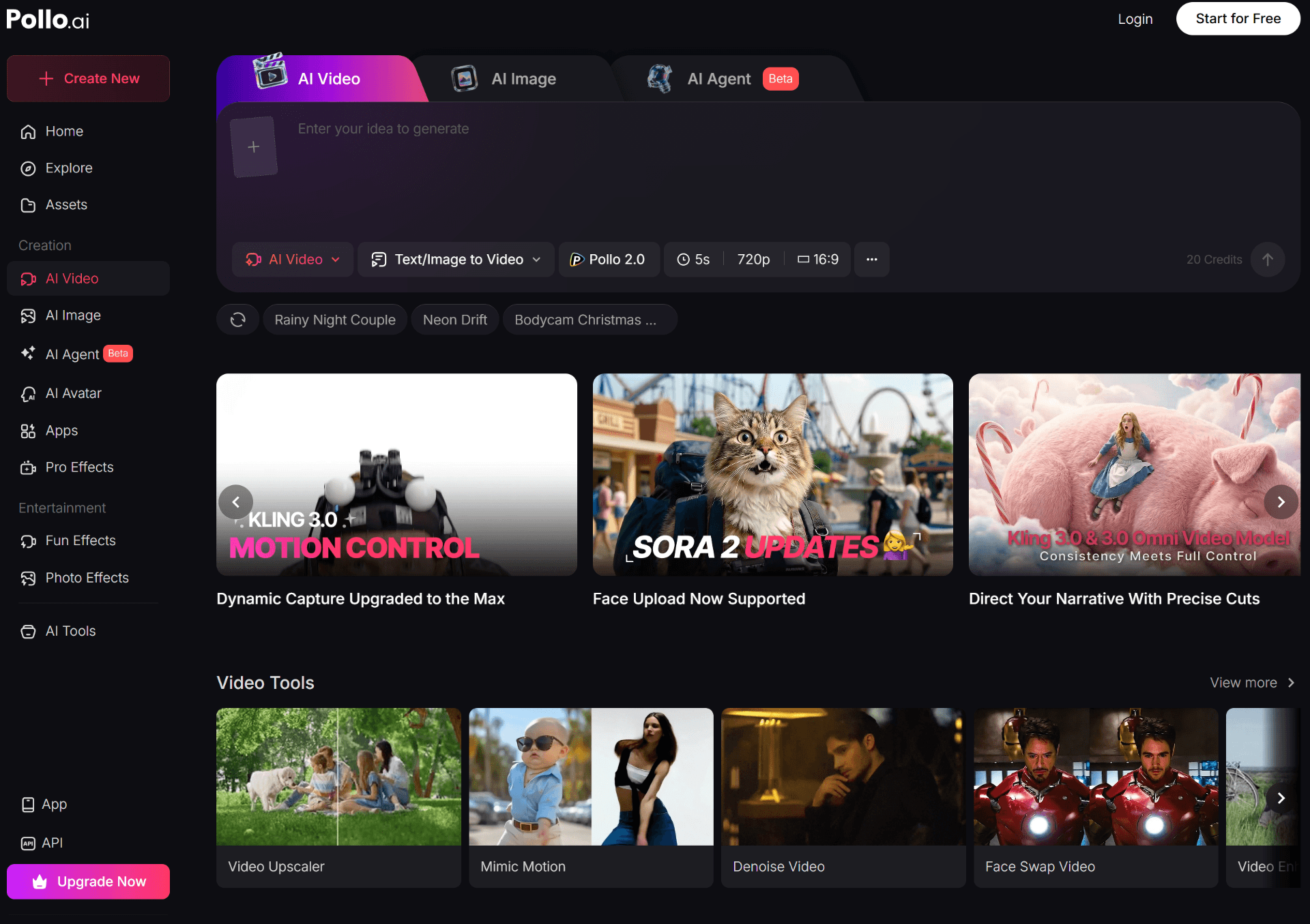 Pollo AI dashboard with AI Video, AI Image, and AI Agent tabs.