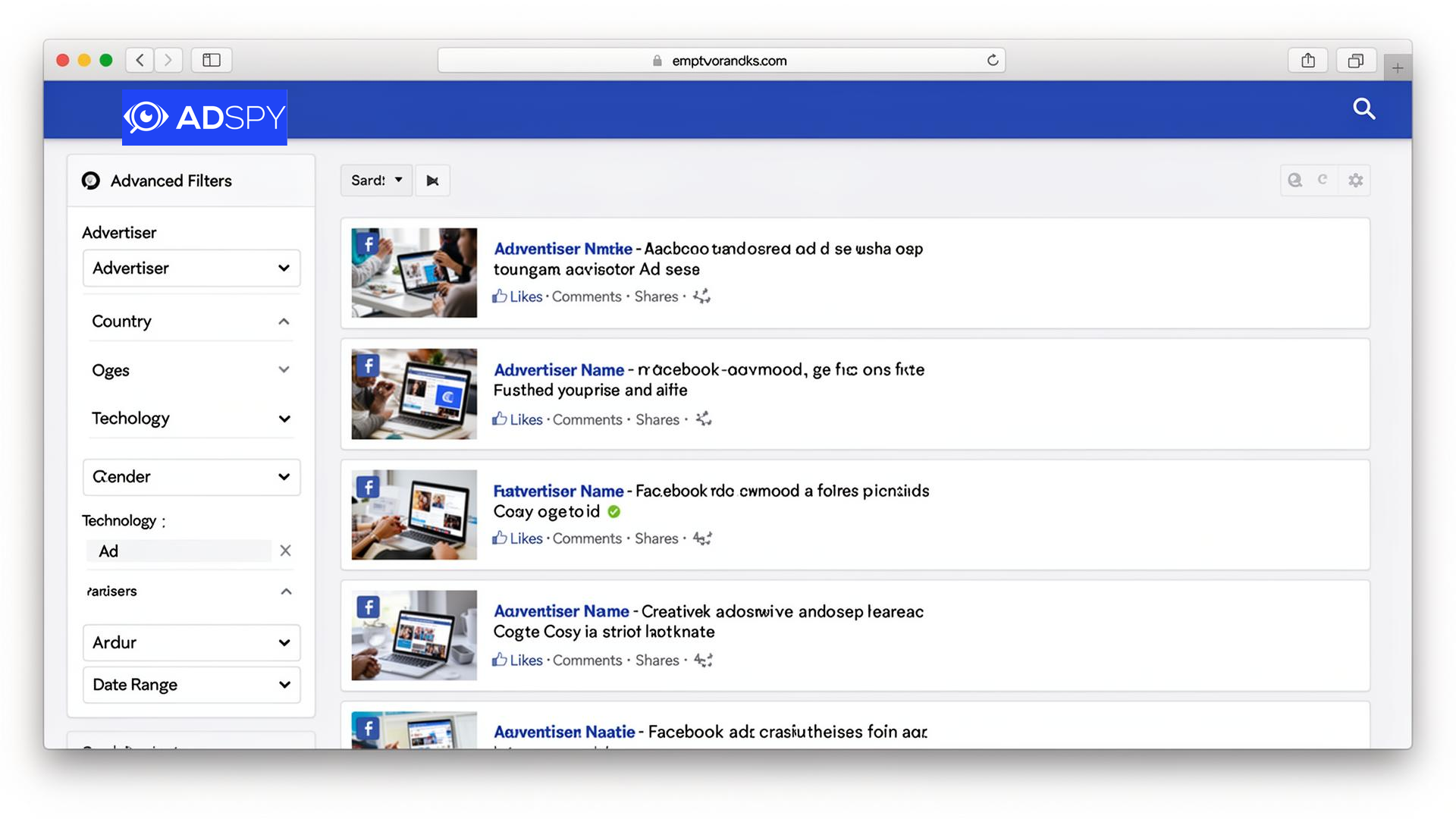 AdSpy dashboard showing Facebook ad search results with advanced filter panel