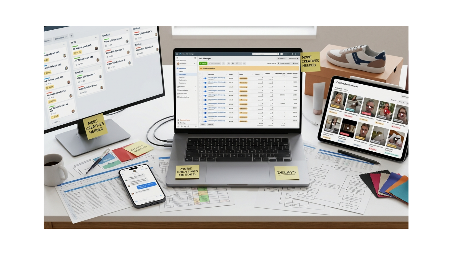 Ecommerce operator desk with Trello backlog, Meta Ads Manager and TikTok Creative Center open, and sticky notes flagging delays.