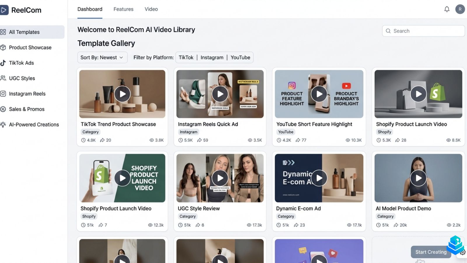 Holo AI template library with ecommerce and TikTok-style ad templates