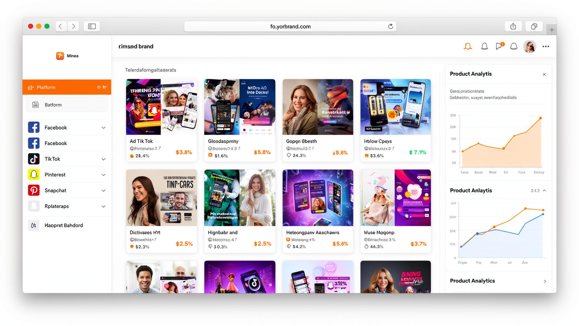 Minea dashboard showing multi-platform ad cards and product analytics panels