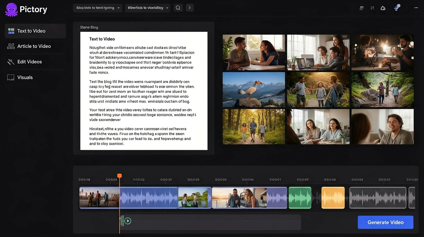 Pictory dashboard showing text-to-video and article-to-video workflow