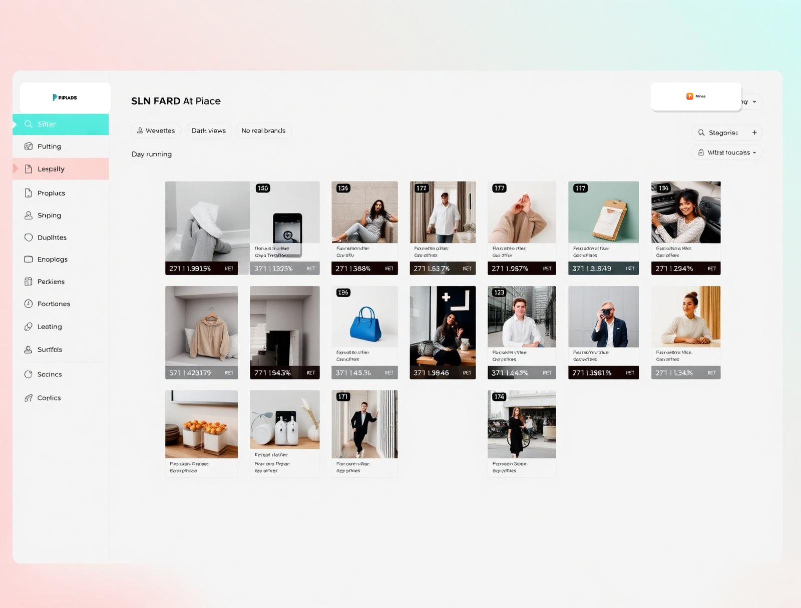 TikTok-style ad discovery interface showing a grid of short-form ecommerce ad creatives with engagement metrics and filter sidebar.