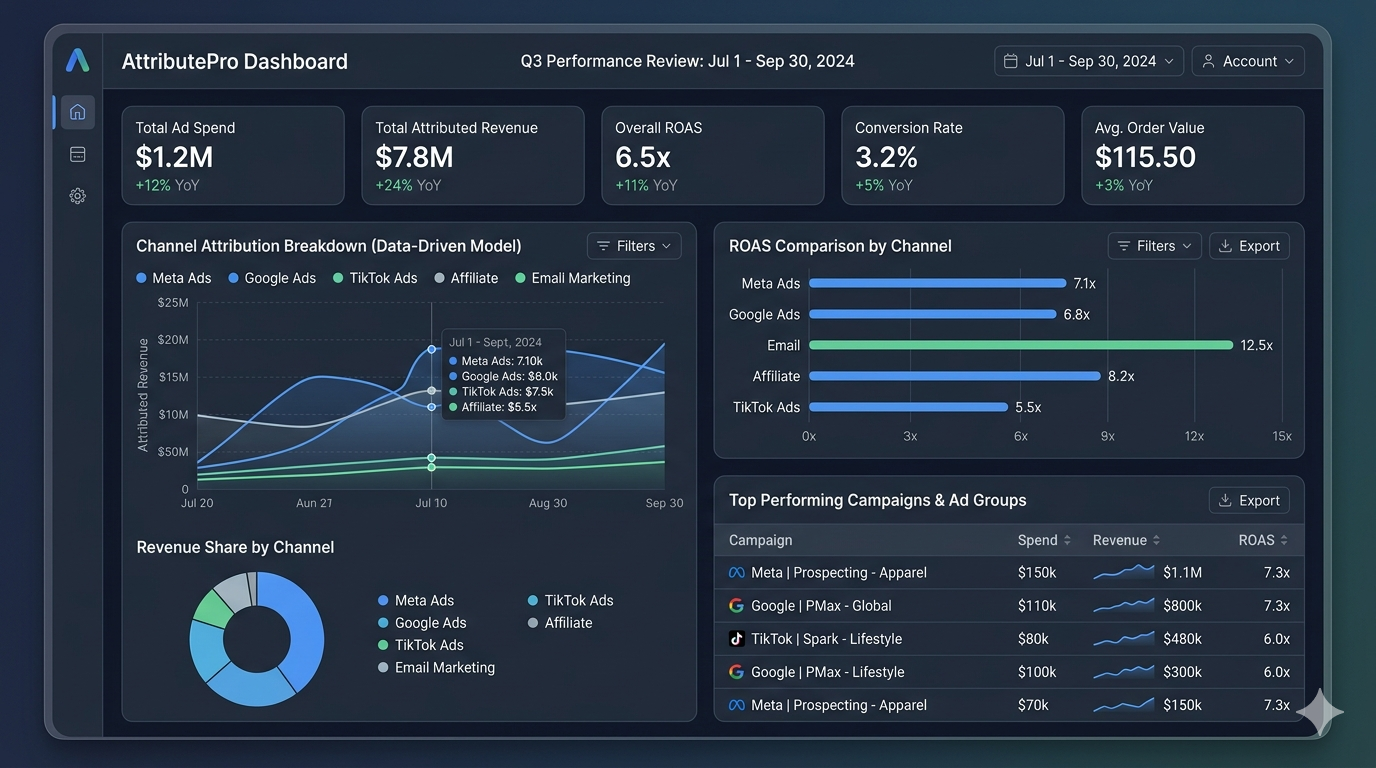WeTracked analytics reporting dashboard with ROAS comparison, channel attribution, and campaign performance