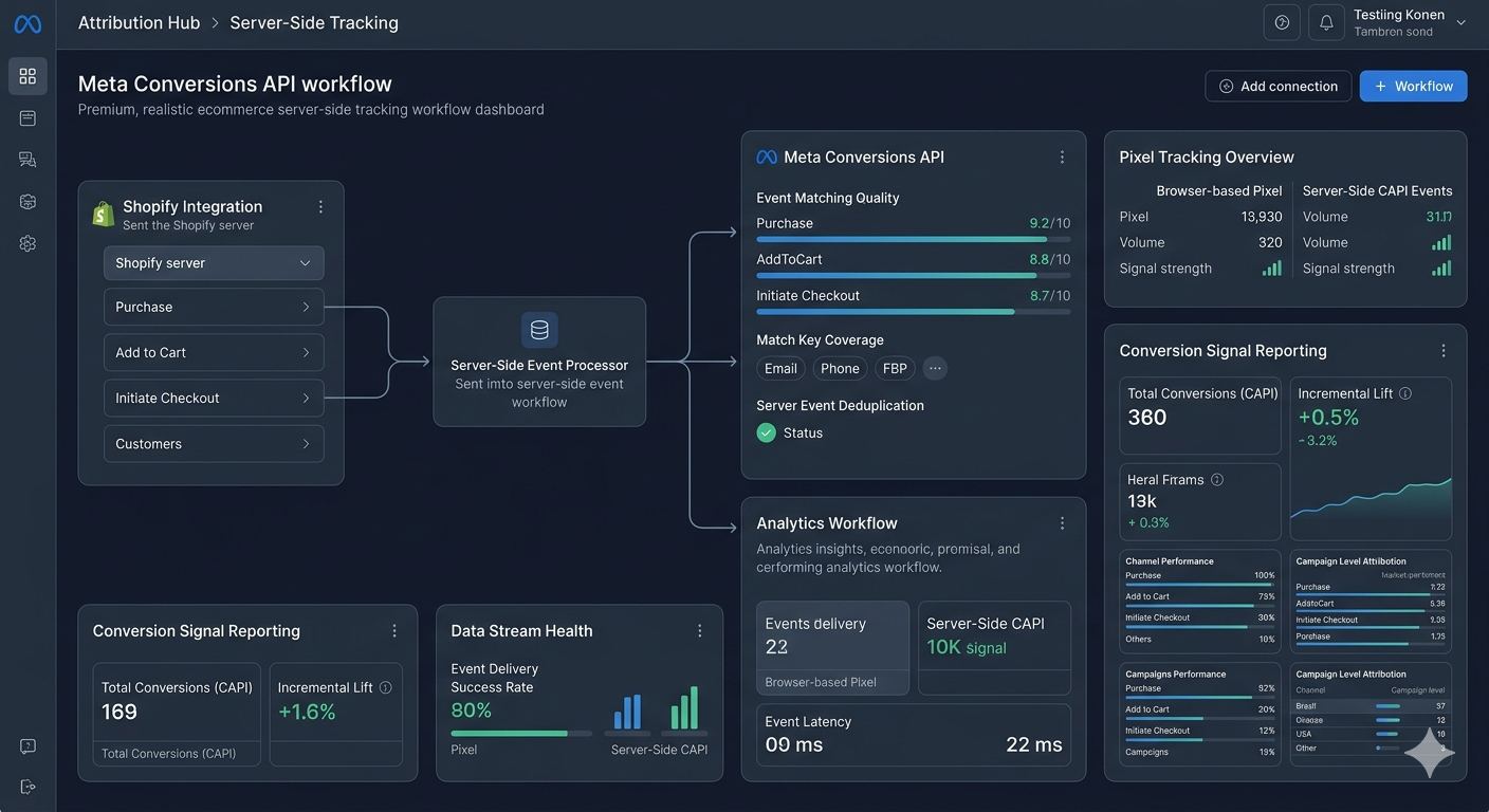 WeTracked server-side tracking workflow showing Shopify integration, event processor, and Meta Conversions API