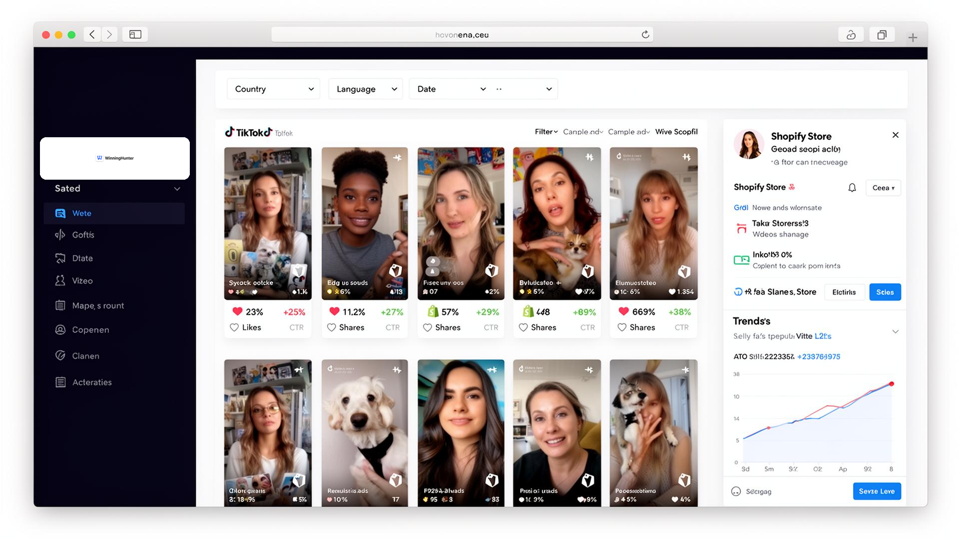 WinningHunter dashboard showing TikTok ad cards, engagement metrics, and Shopify store details