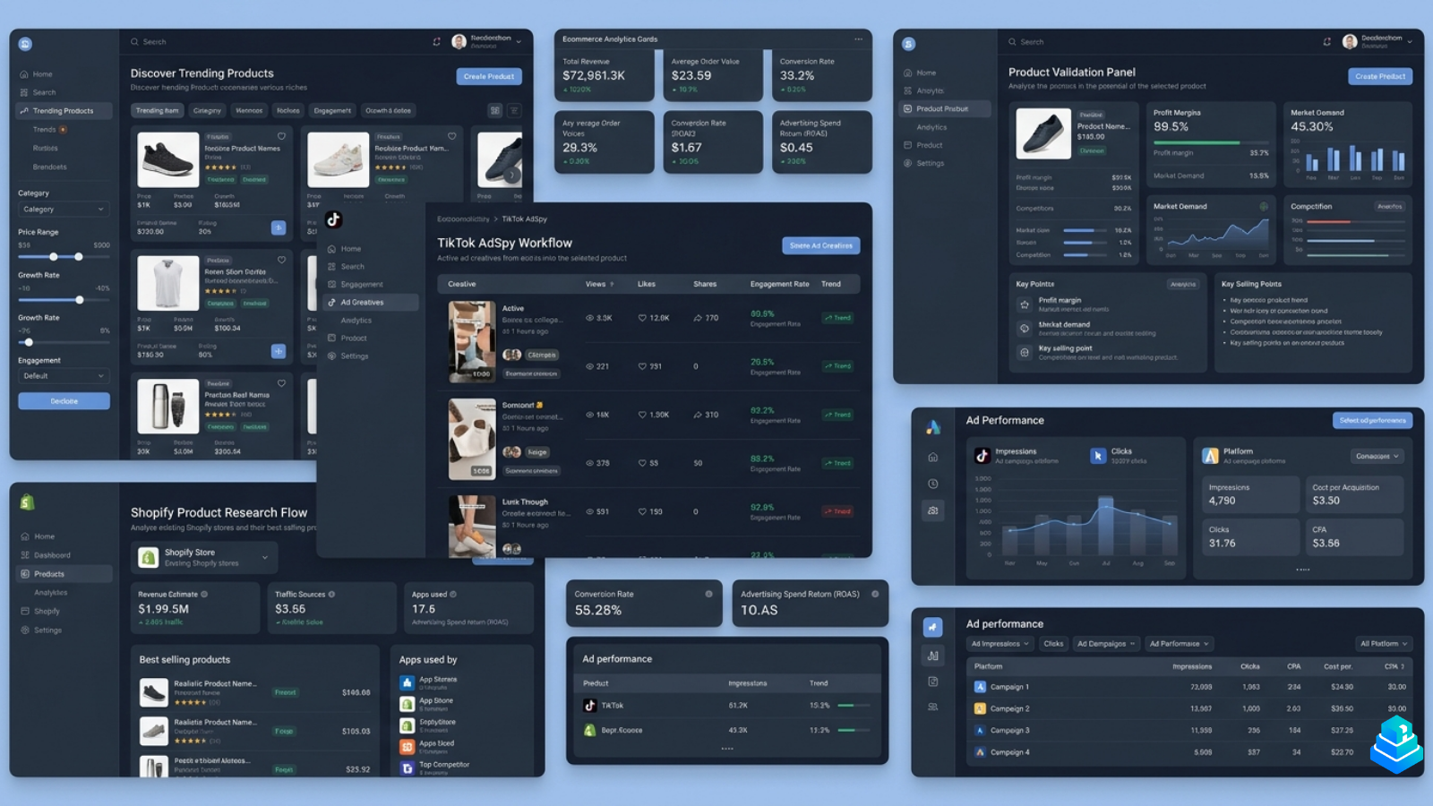 WinningHunter product research workflow with TikTok adspy, product filtering, and Shopify store analysis